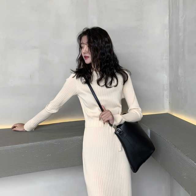 ワンピース ニットワンピース レディース 秋 冬 秋冬 ロングワンピース タイトワンピース リブニット マキシワンピース ひざ丈 長袖 黒 クルーネック ニットワンピ ミディアム丈 ミモレ丈 華奢 全2色 キレセク セットアップやパンツドレスなど二次会ドレスに合う海外