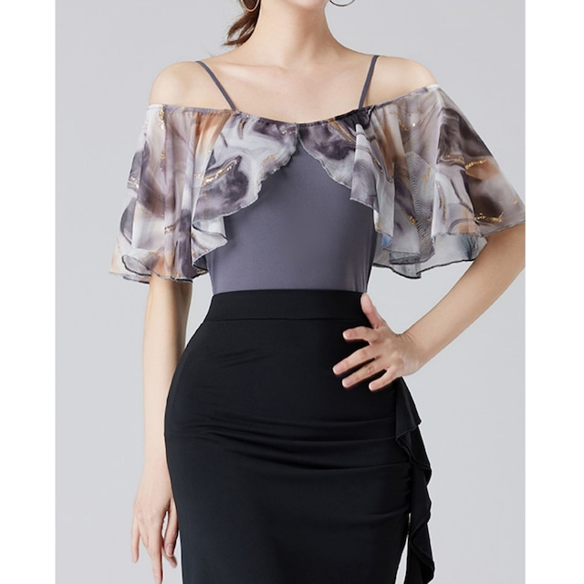 フレアスリーブ シフォン オフショルダートップス(レオタードタイプ) ds0646