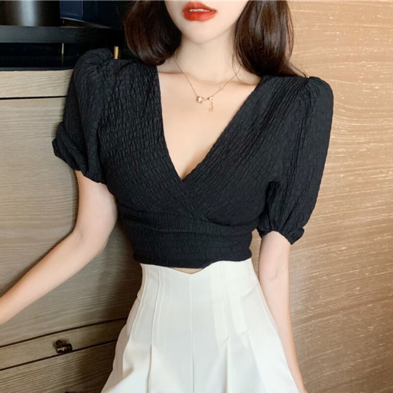 シャツ レディースサマーVネックスリーブショートホルタートップス 夏物 ハンチェンe23298915235