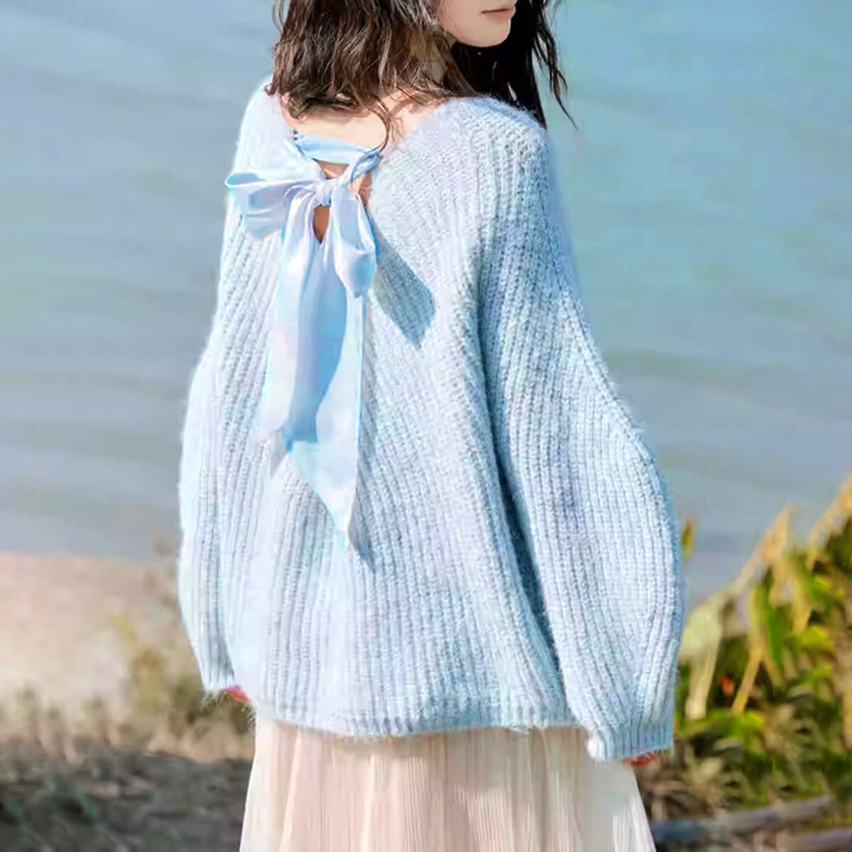 ビッグリボン ニット 長袖 トップス レディース 春秋冬 韓国 前後2way きれいめ 大人 かわいい おしゃれ フェミニン カジュアル ゆったり ローケージニット セーター 体型カバー 大人可愛い 大人女子