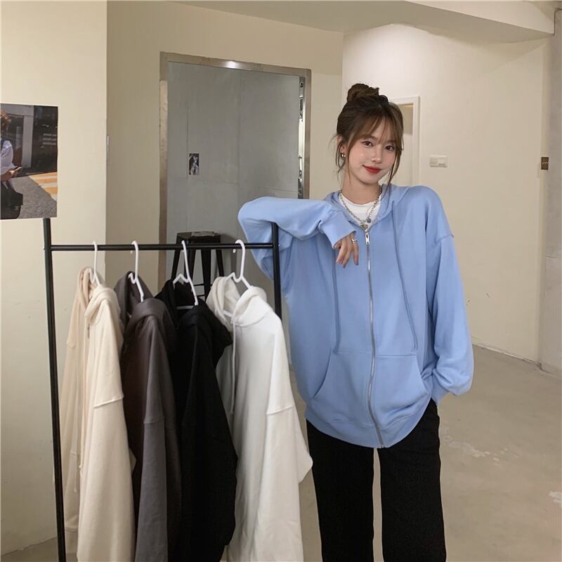 ジッパーフード付きセーター女性2020年秋新しいミドル丈怠惰なカーディガンジャケットブルートップインタイド ブラックストロベリース27362764711