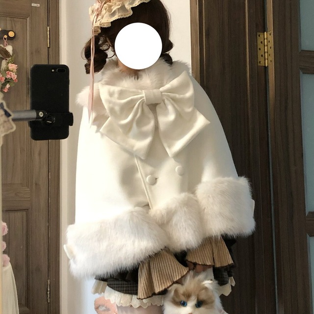 冬コート ファー付きリボンケープ風 ロリィタコート｜白ロリ・甘ロリ対応 冬アウター