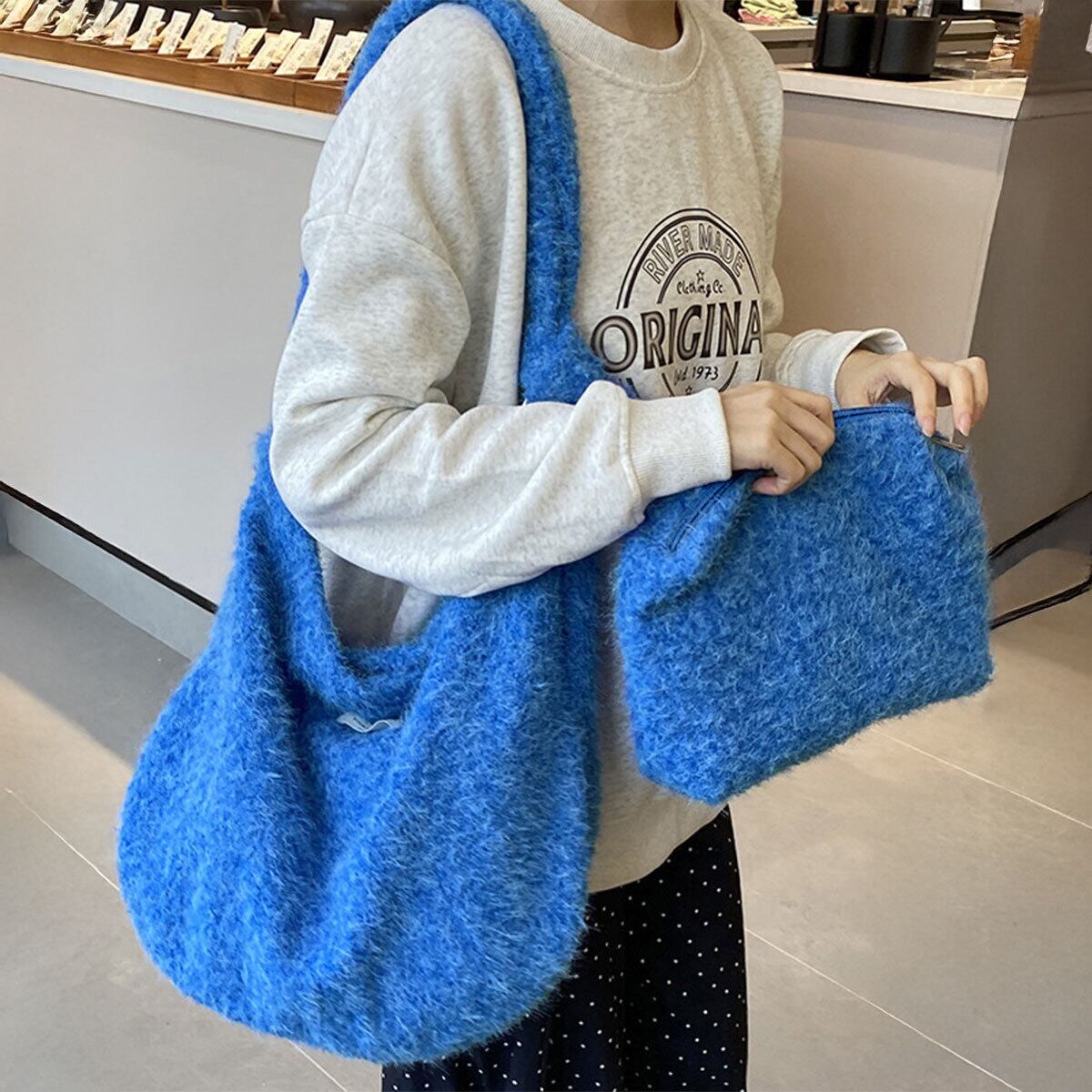 ニット トートバッグ レディース ポーチ付き バッグ 韓国 ふわふわ 大容量 折りたたみ 通勤 通学 春秋冬 ショルダー カジュアル マザーズバッグ 大人可愛い 大人女子