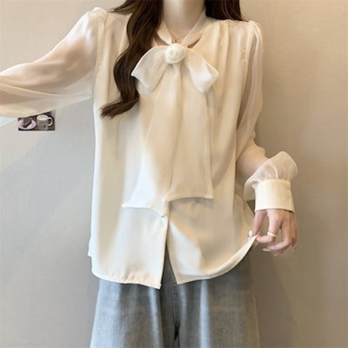 2025 今っぽシアーシャツ シャツ OL リボンシフォン シャツ レディース 年秋 7分袖 ブラウス 春 秋 韓国ファッション