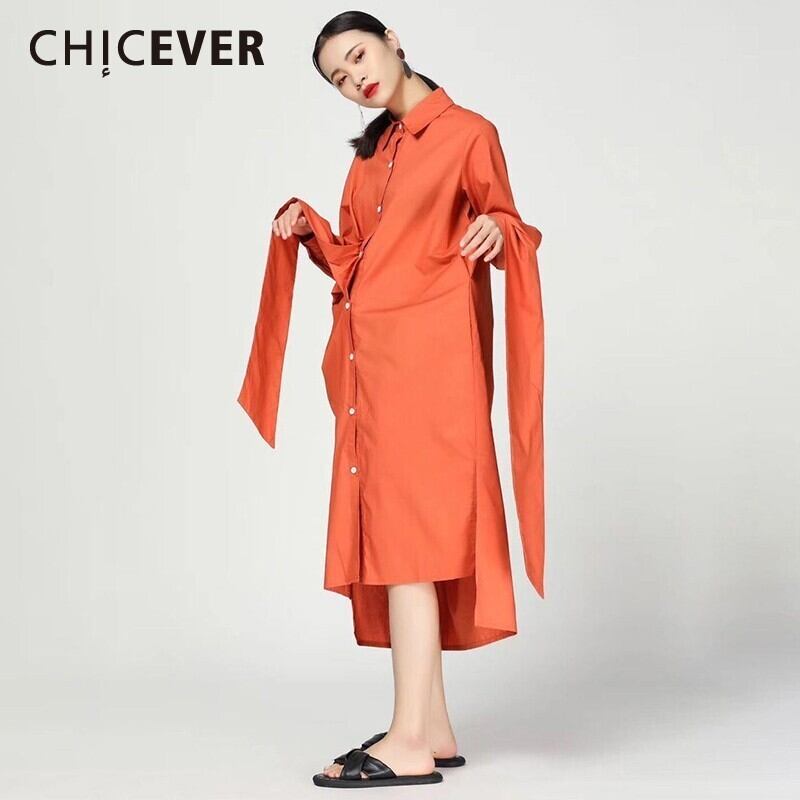 CHICEVERレディースドレスラペル長袖ボウサッシ不規則な裾ボタンルーズオーバーサイズミッドカーフドレスタイド ロング リボン 6base545219588466