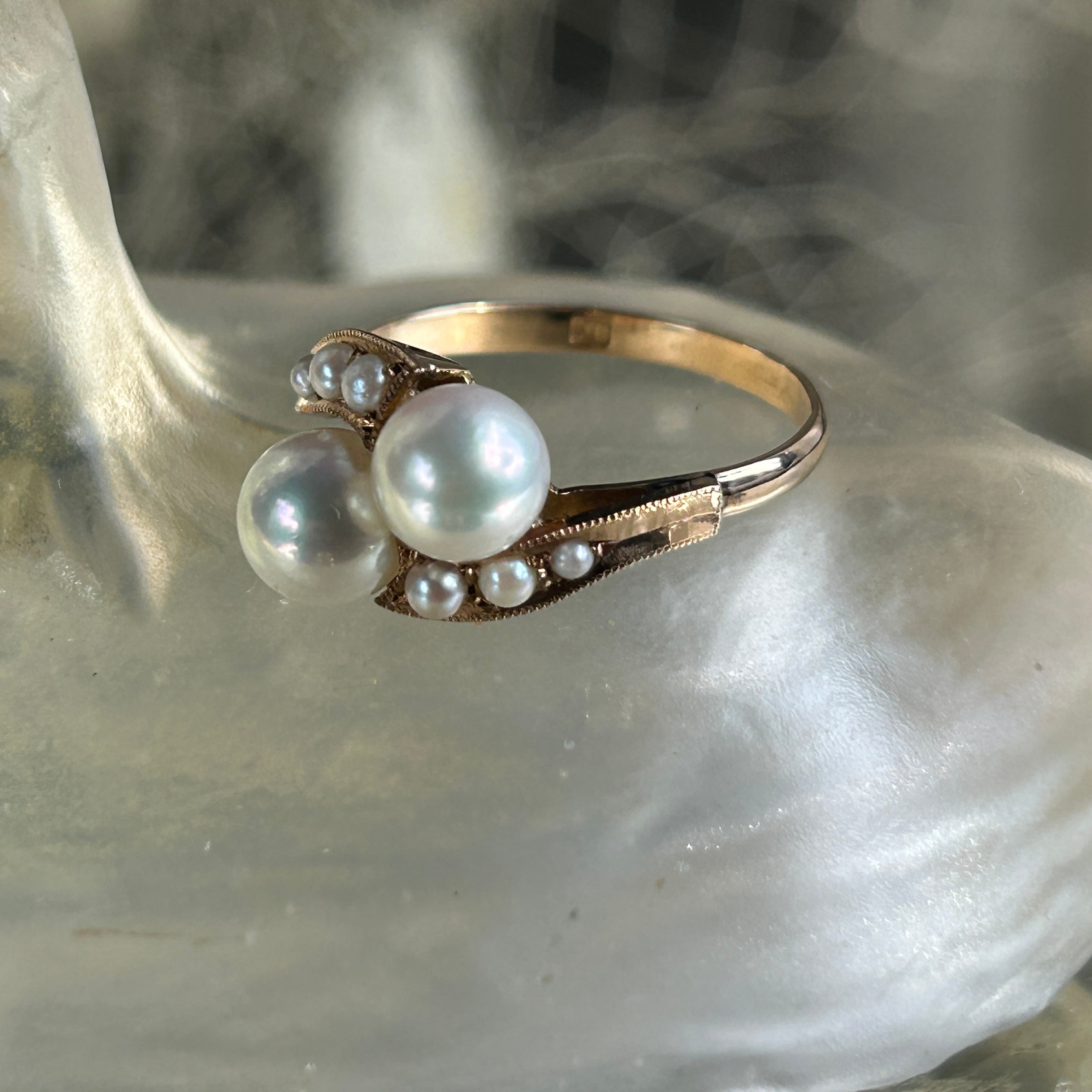 ヴィンテージ　18金美珠アコヤと芥子のトワエモアリング
