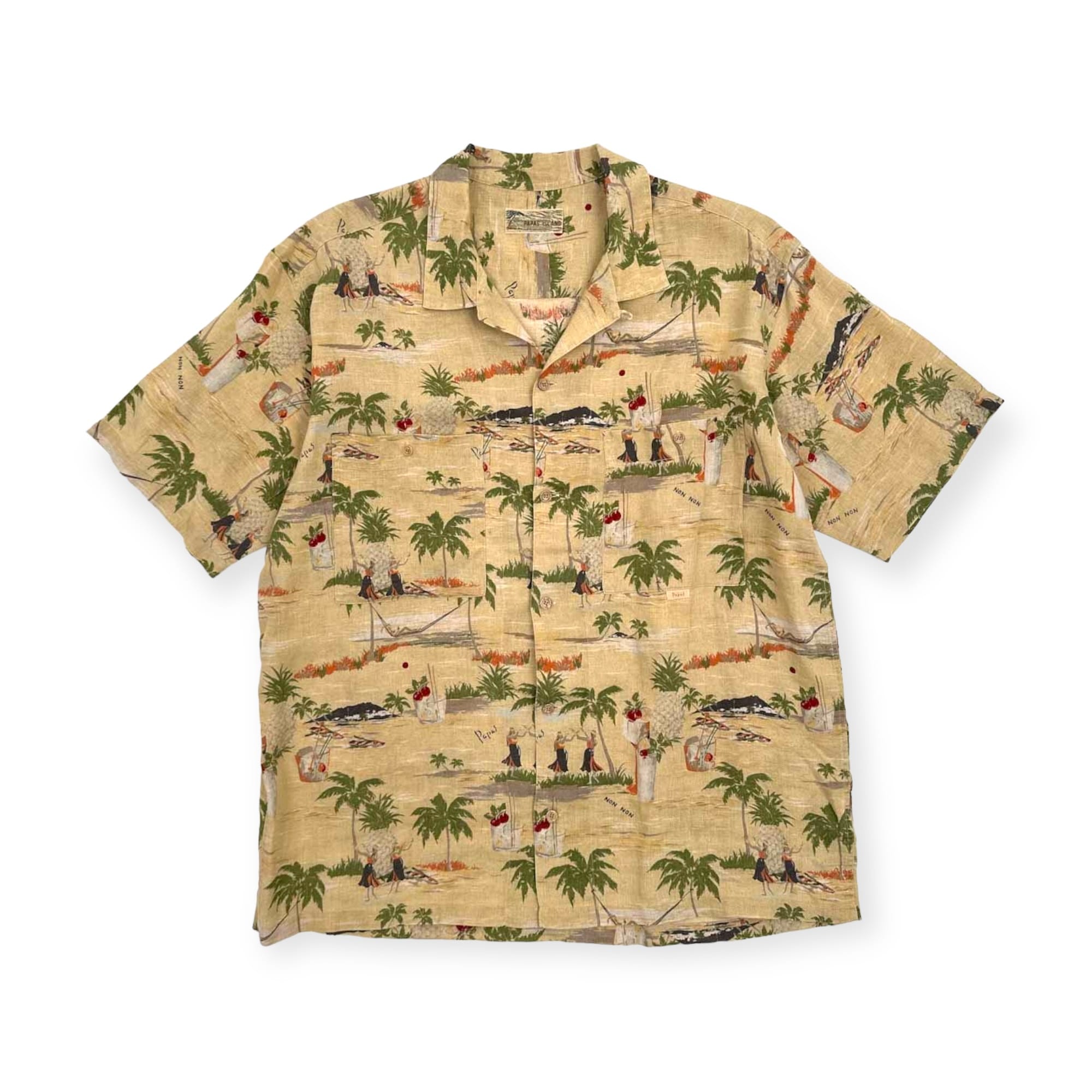 美品◇リネン100% PAPAS ISLAND パパス オープンカラー 半袖 アロハ 
