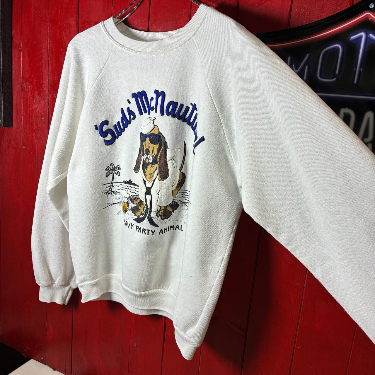 80s USA製 ヴィンテージラグランスウェット 犬×ビール 発泡プリント