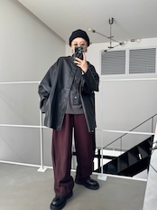 エコレザーノーカラーオーバーJK/ブラック