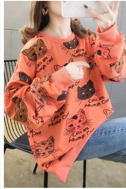 シアー トップス レディース秋冬 レトロ かわいい 猫 イラスト 薄手