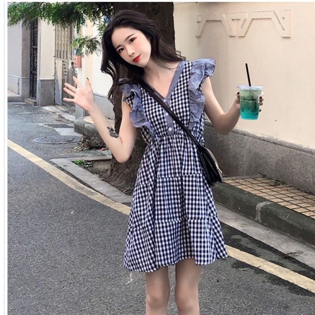 レディース ワンピース 春夏 レディース春夏 ゆめかわいい ガーリー 細見え Aライン ギンガム チェック フリル ノースリーブ ミニ丈 ワン Basecamp49