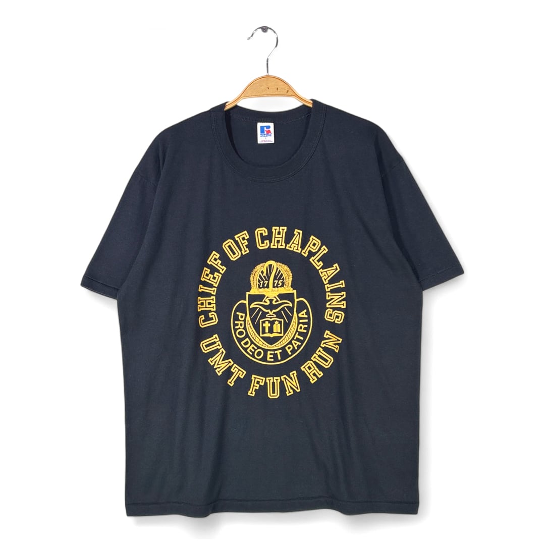 80s US ARMY USA製 ヴィンテージTシャツ アメリカ陸軍チャプレン部隊 ナンバリング ミリタリー ブラック シングルステッチ RUSSELL メンズL 古着 @BZ0458