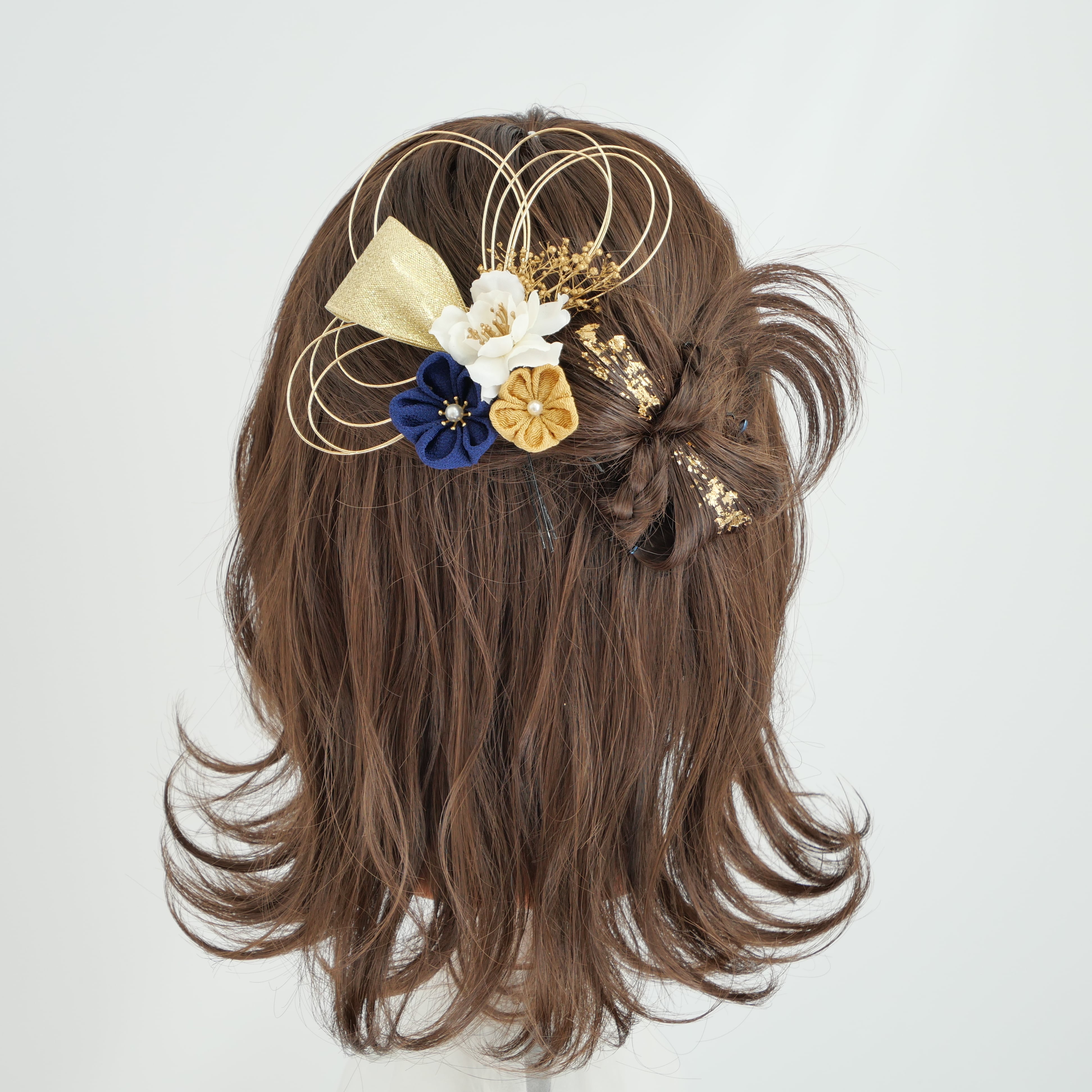 A616 つまみ細工 青 髪飾り 浴衣 成人式 卒業式 前撮り 結婚式 水引