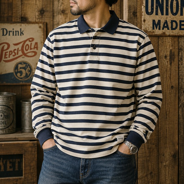 Border pattern long sleeve polo shirt 00151