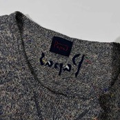 PAPAS パパス ロゴ刺繍 リネン100% Vガゼット クルーネック セーター LL/ブルー マルチ