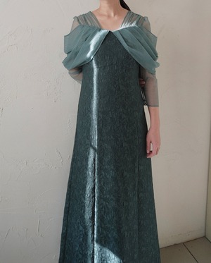 Tulle Drape Jacquard Dress / GREEN