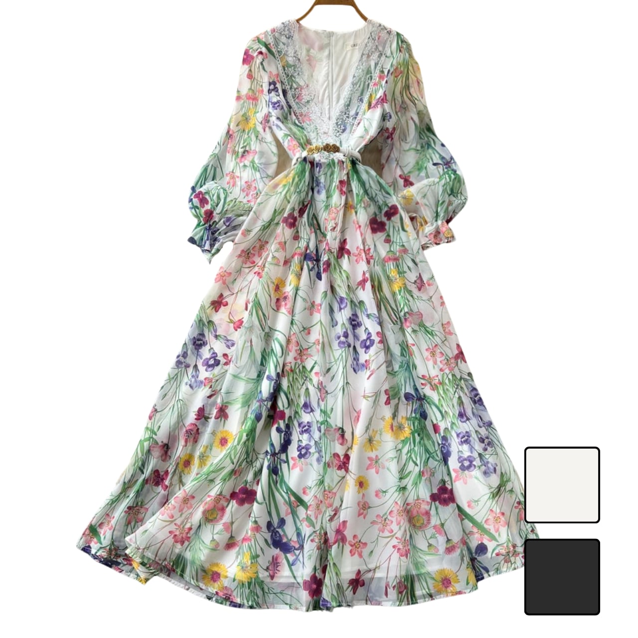 レース切替Vネックフラワープリントワンピース 2color L2179