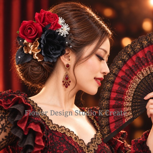 黒い薔薇と赤い薔薇の髪飾り｜フラメンコ・花束風ヘッドドレス・舞台ダンス髪飾り・和装洋装・クリスマスパーティーに