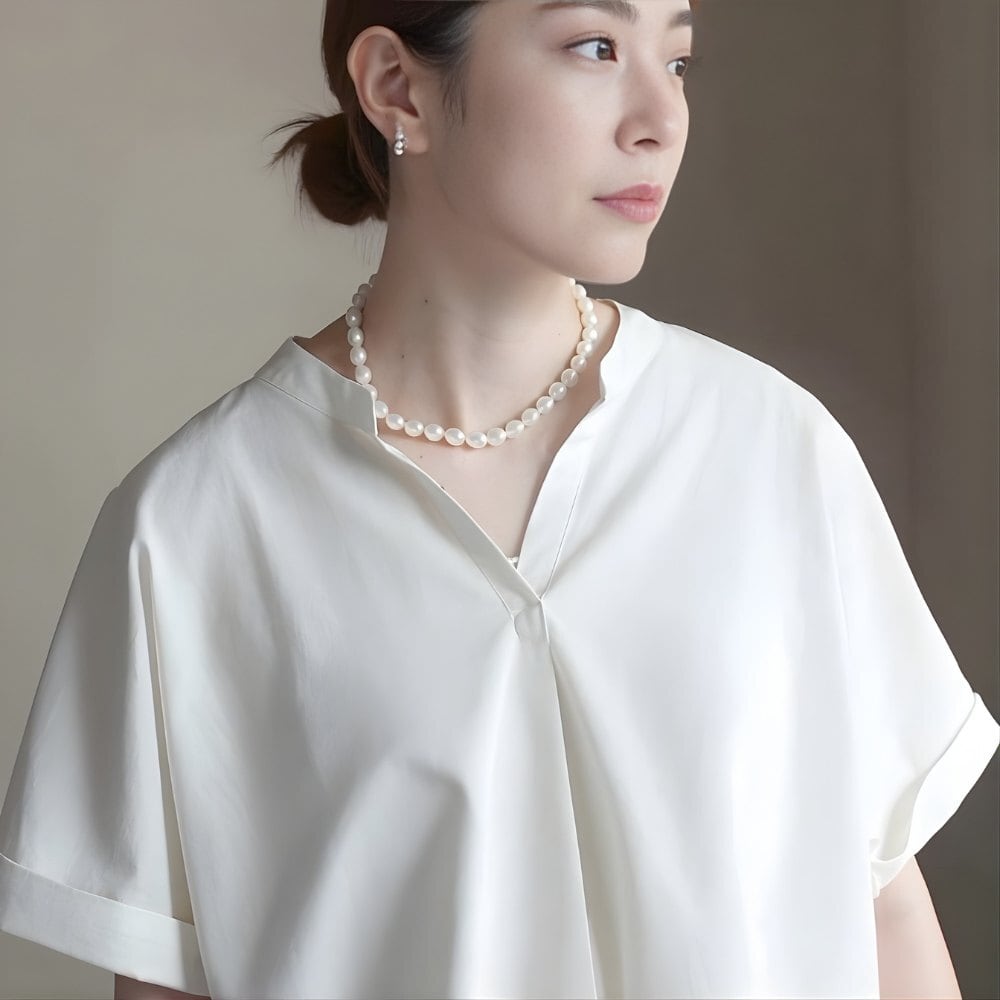 オーバル バロック 淡水パール ネックレス 7.0-8.0mm / サージカルステンレス製 K14GFオプション可 / pe-186