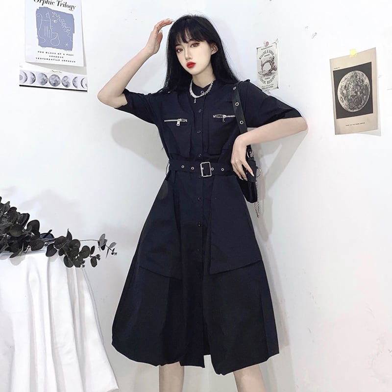 サブカル 服 地雷系 通販 ワンピ 半袖 ミドル丈 シャツワンピ 闇かわいい ゴシックバンギャ