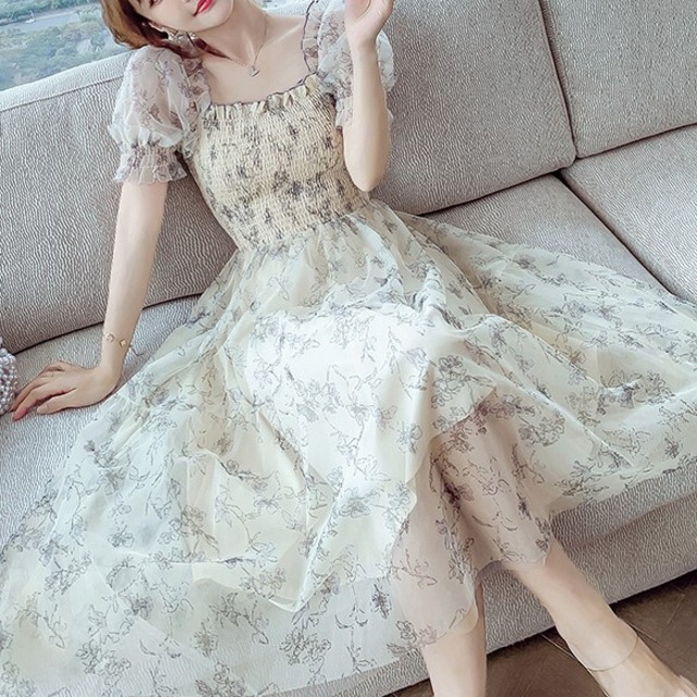 ワンピース ロング シフォン 花柄 総柄 フラワー パフスリーブ 胸 