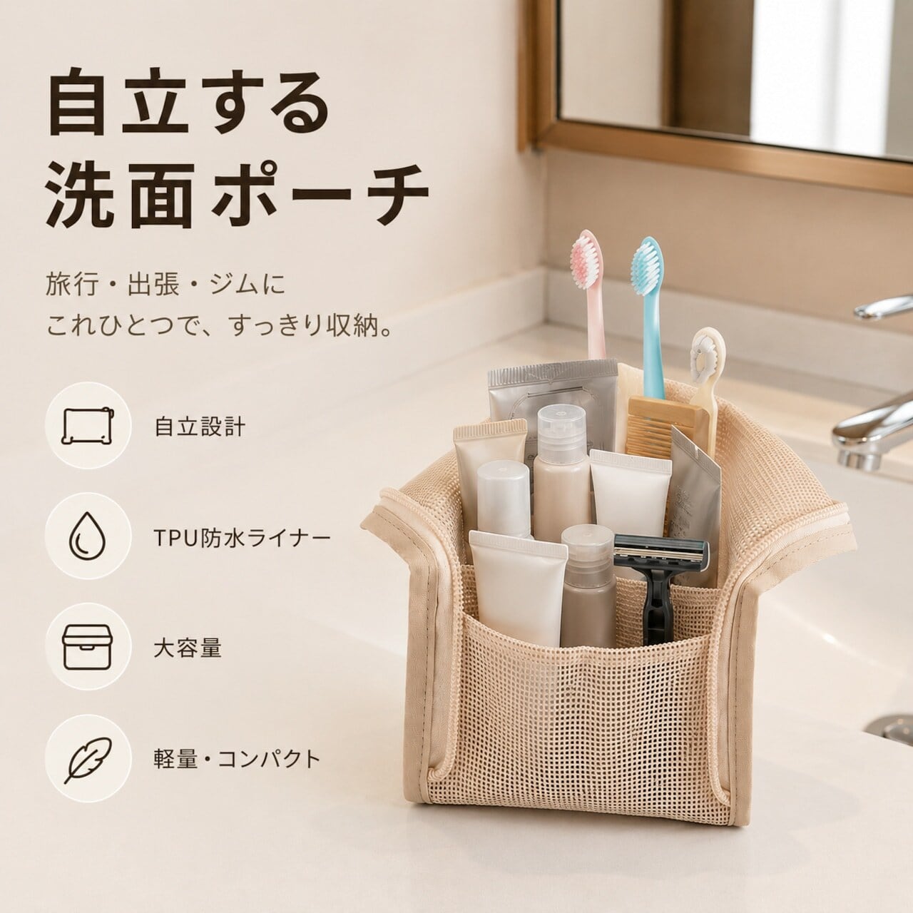 J60 .【2個セット】自立式で洗面台に置ける防水速乾ケース、洗面用具