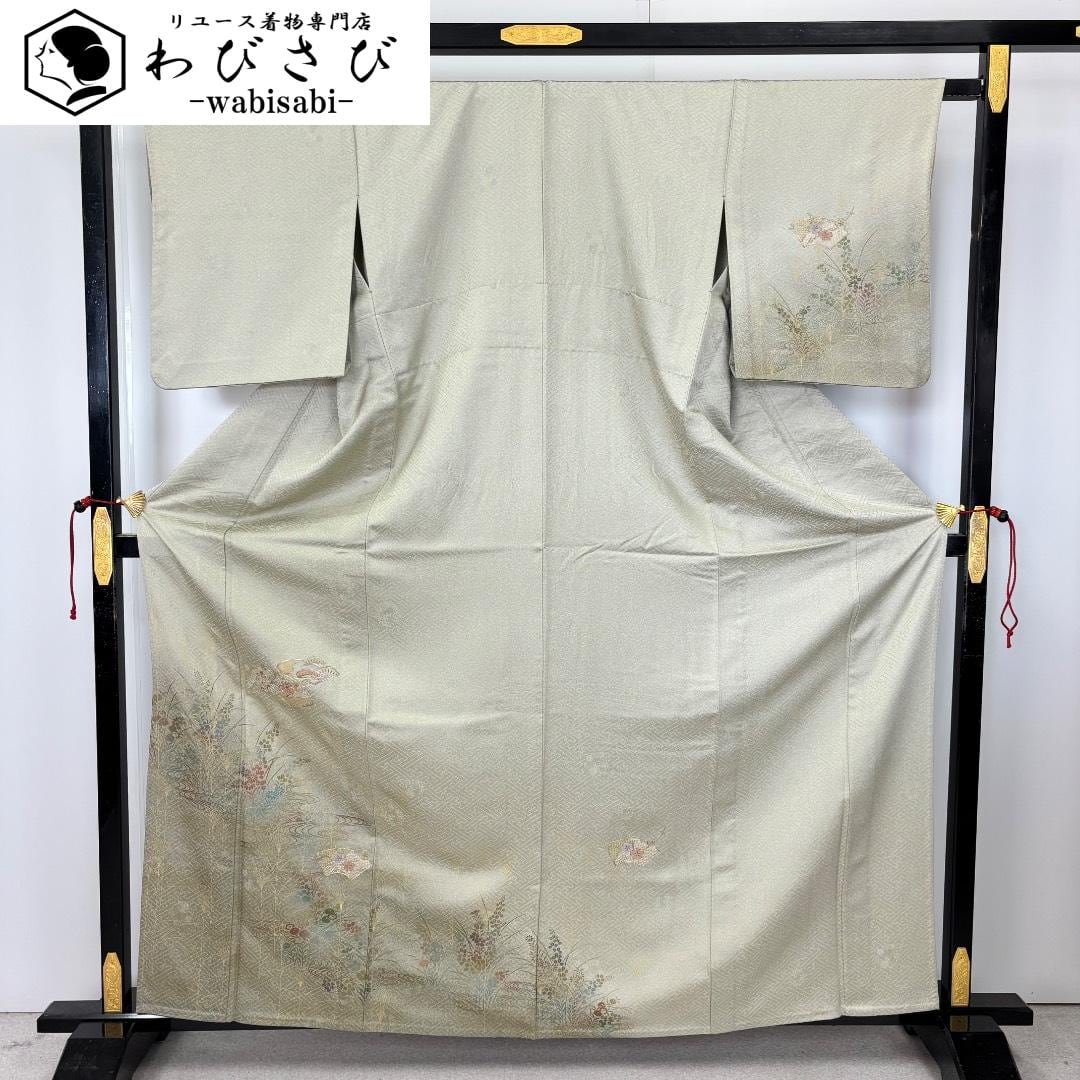 ☆ 単衣 付下げ 刺繍柄 地紙に花模様 金駒刺繍 薄裏柳色 K-6008 単衣 付下げ 刺繍柄 地紙に花模様 金駒刺繍 薄裏柳色 K-6008 着物
