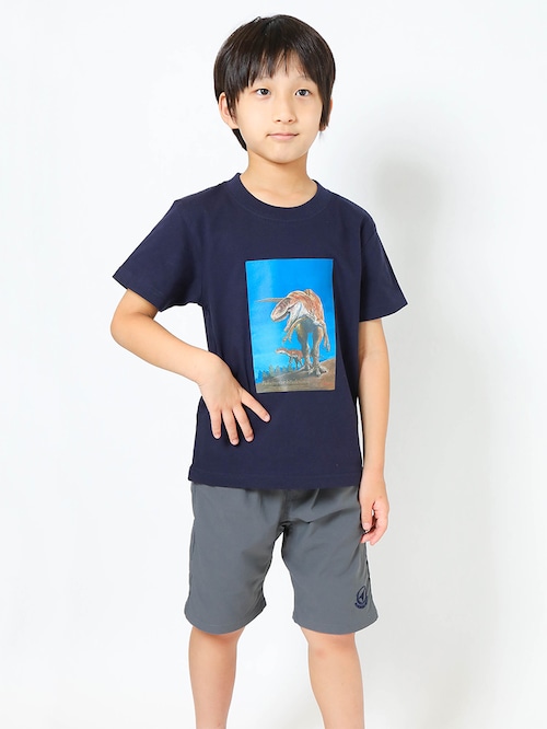 フクイラプトル復元画プリントTシャツ子供用 ネイビー【KT-FR】