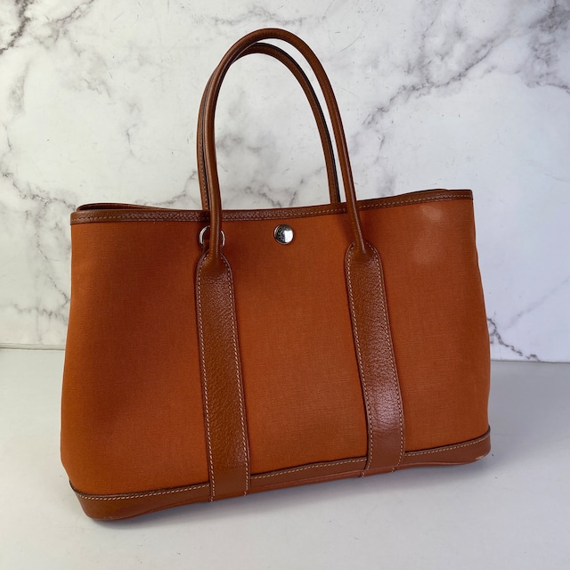 【最終処分SALE】HERMES エルメス ガーデンパーティ30 キャンバス ハンドバッグ オレンジ A-7670
