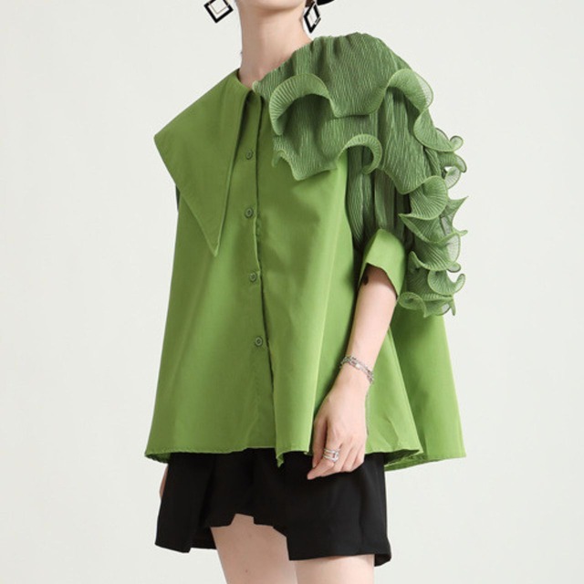 One Shoulder Frill Blouse-Short Sleeve【00157】