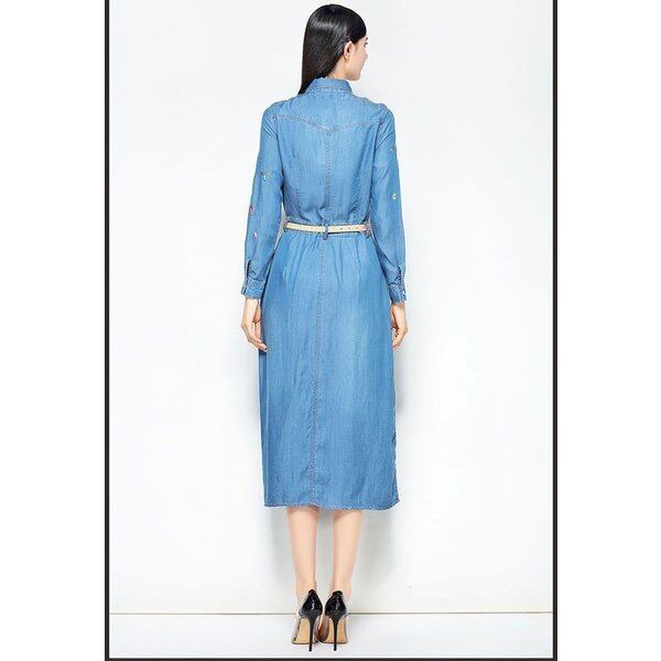 ファション デニム ワンピース レディース 長袖 刺繍 サイドスリット シングルブレスト オシャレ 体型カバー 上質 パーテイー 結婚式 お呼ばれ S M L Ll Elegant