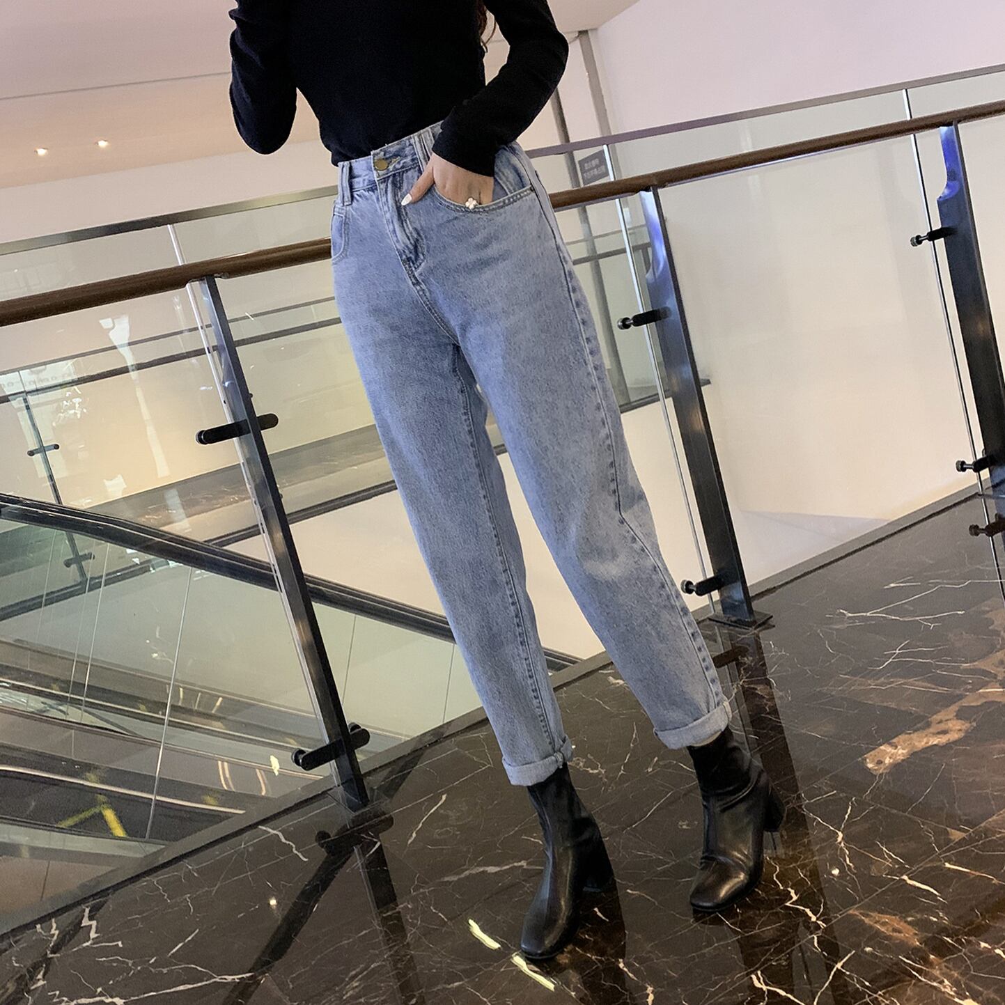 スプリングスタイルハイウェストウェストワイドレッグジーンズ レディースルーズカジュアルパンツ 春物 ワイドパンツ 6Du_Shop_Women32620413504