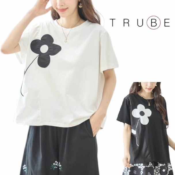 カットソー ビッグフラワー アップリケ Tシャツ N12-1474 TRUBE ブラック ホワイト M L fmsd 上品 ゆったり 体型カバー 婦人服 レディース 服 ミセス 春夏 大人可愛い モード