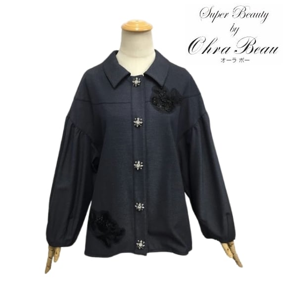 スーパービューティー 上品 ブラウス ジャケット 2427005 ブラック2024年秋冬 ミセス パールボタン ビジュー 長袖 オーラボー Super Beauty 大人かわいい服 30代 40代 50代 60代