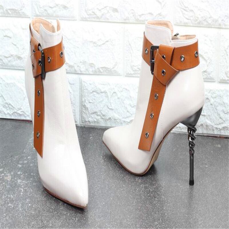 【新作】【送料無料】 冬の新しいセクシーなマルチカラーベルトバックル先のとがった防水プラットフォームスーパーハイヒールレザーブーツスティレットブーツ 靴 シューズ ウィンター 冬物 ハーネス 10b318753694601