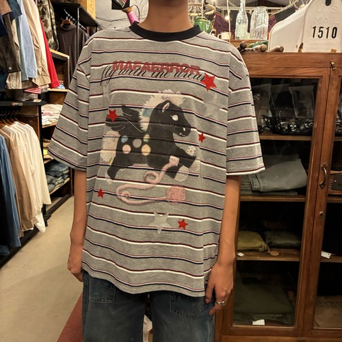 TOPANGA Lady's Vintage Stripe & Pegasus Graphic T-Shirt 　ヴィンテージストライプ＆ペガサスTシャツ　グレー　半袖Tシャツ　レトロ　ファンタジー　ファンシー　ユニセックス