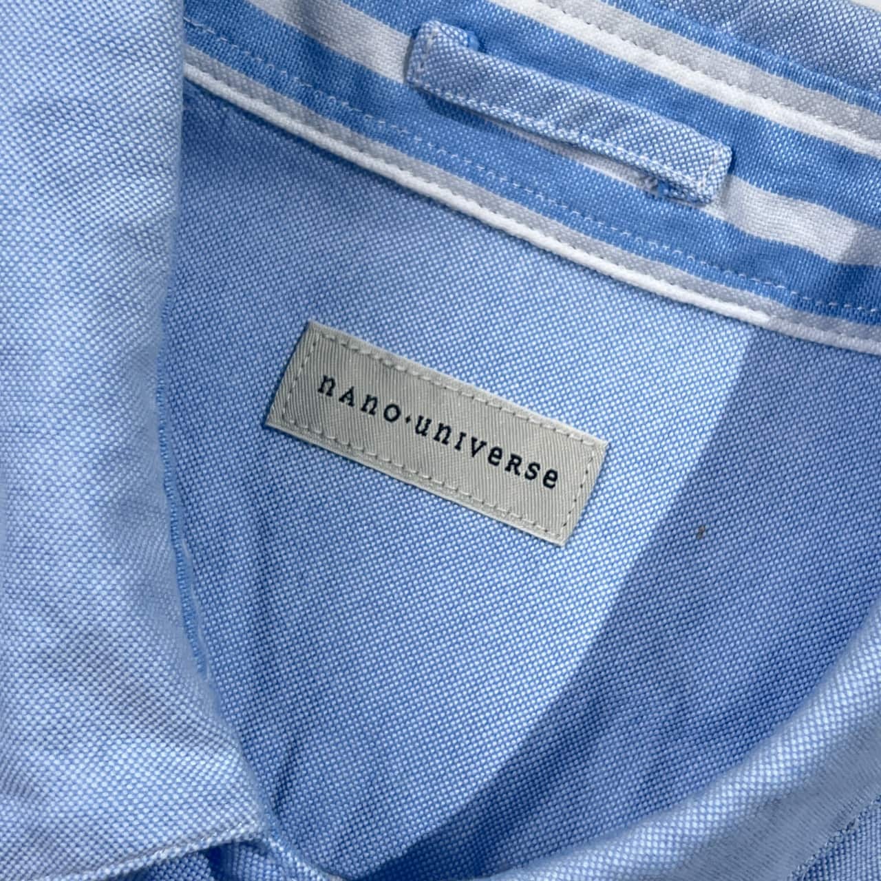 nano universe ナノユニバース 切替 ボーダー柄 オックスフォード BD ボタンダウン 長袖シャツ M/ブルー×ホワイト メンズ