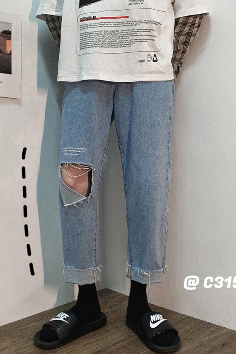 全1色 デニム パンツ ストレート カジュアル ダメージ