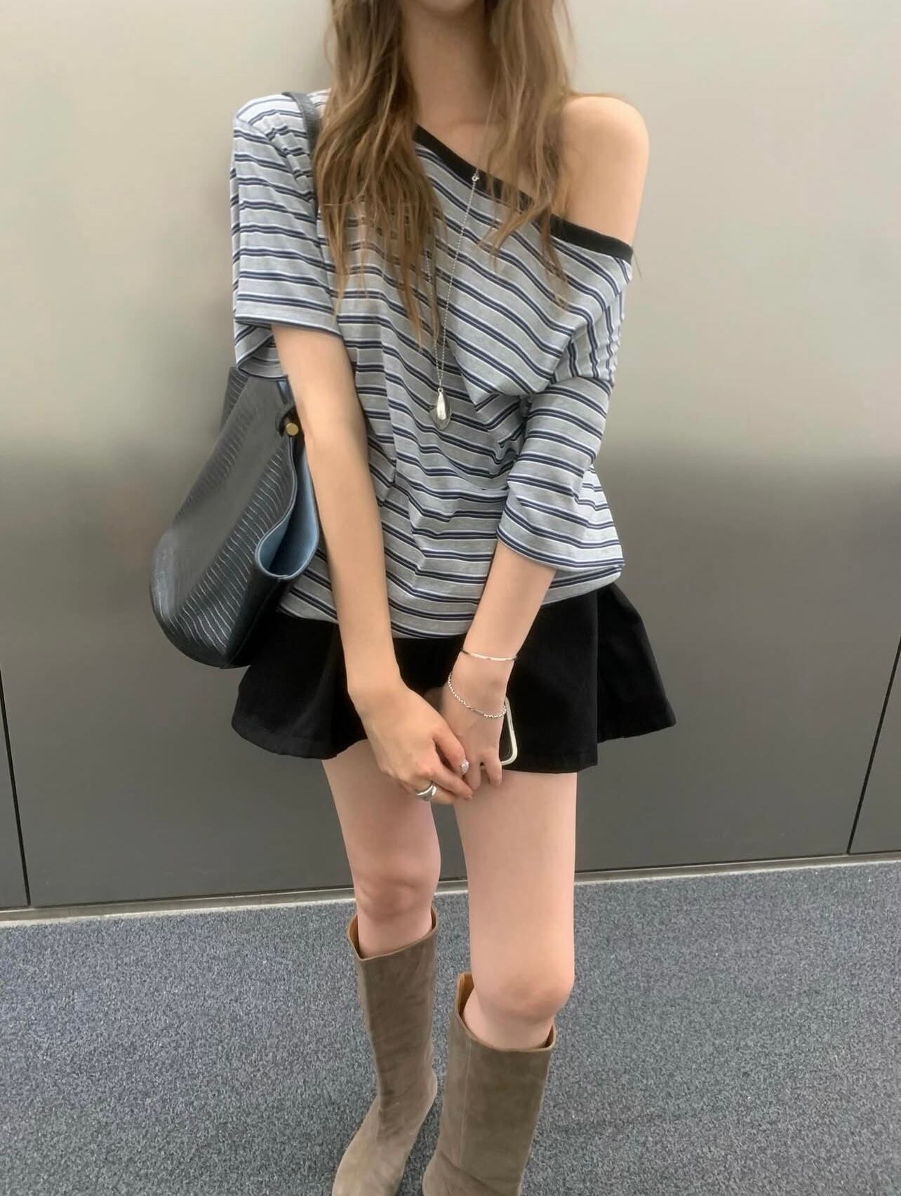 (即納)poster / Soft stripe tee / gray