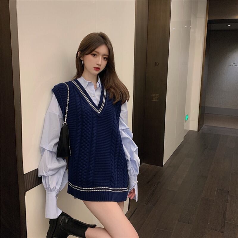 2020年秋新作Vネックニットベストデザインセンス多目的シャツカジュアルファッションスーツ女性ツーピーススーツ ドラファッションホール36950013267