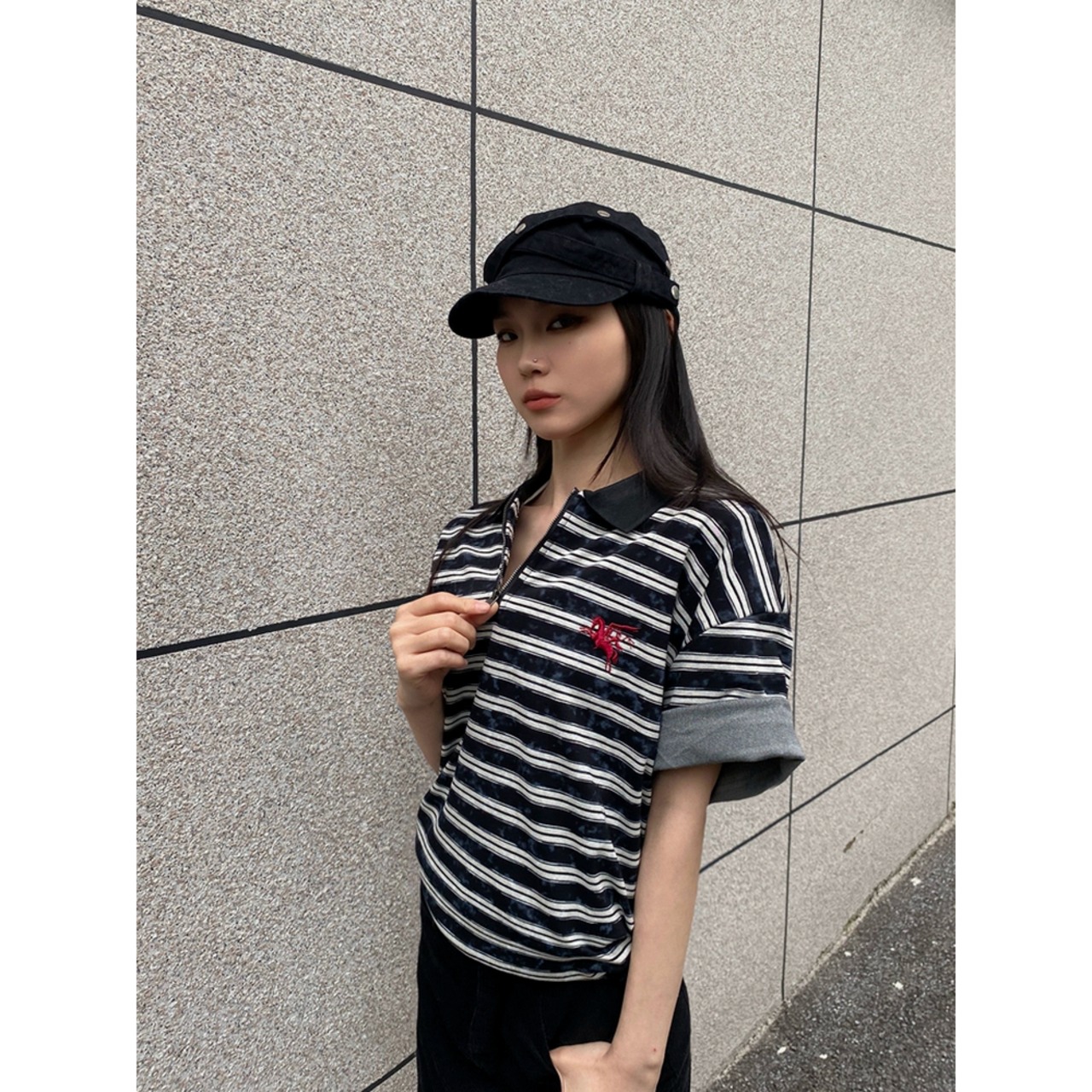 VINTAGE ストリート ハーフジップポロシャツ T2090