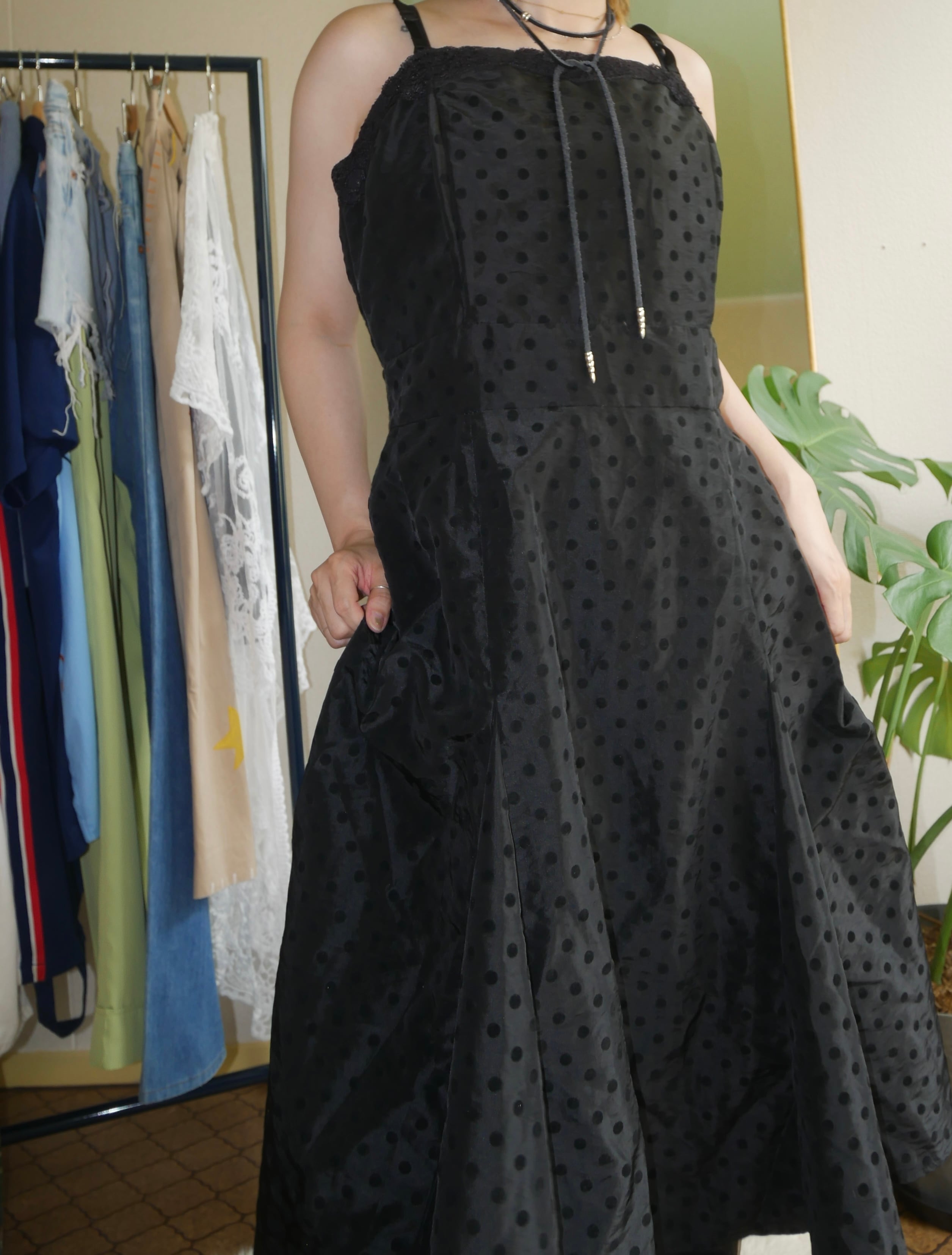 80s-90s Vintage Black Flocky Polka Dot Dress