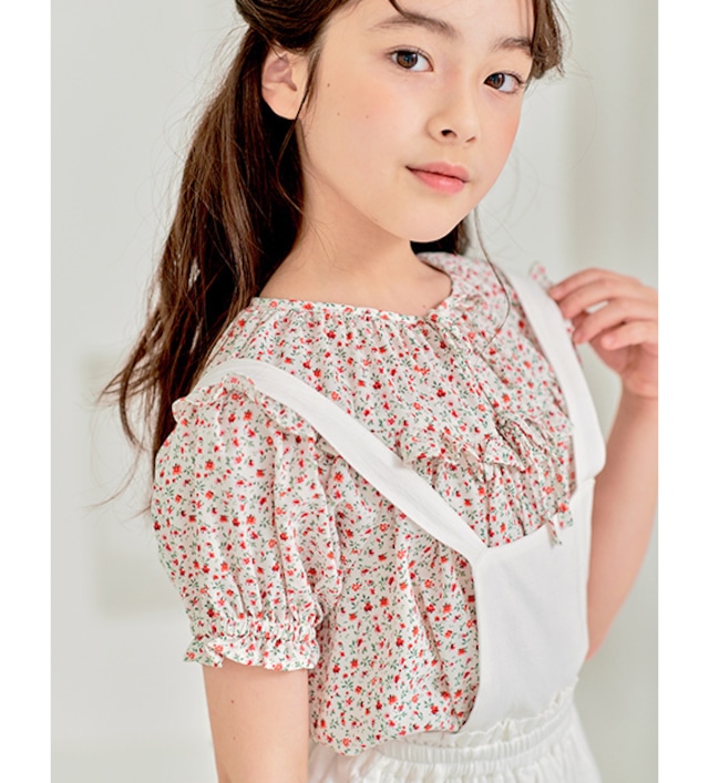 Wリボンパフスリーブブラウス〈Red flower〉