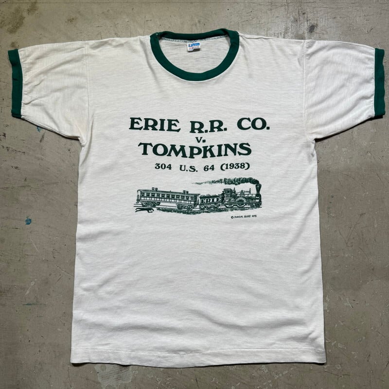 70's Champion チャンピオン リンガーTee 染込みプリント Erie Railroad Company v. Tompkins エリー鉄道対トンプキンズ事件 珍プリント Mサイズ USA製 希少 ヴィンテージ BA-2535 RM2954H
