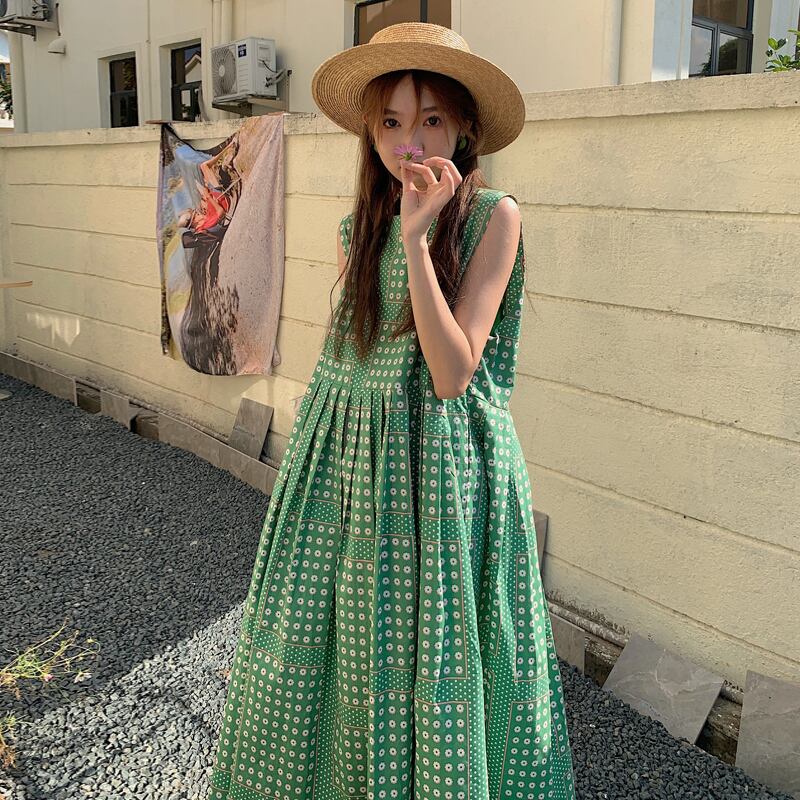 グリーンフローラルスカート サマードレス ロング 夏物 花柄 スーパーモール77118430817