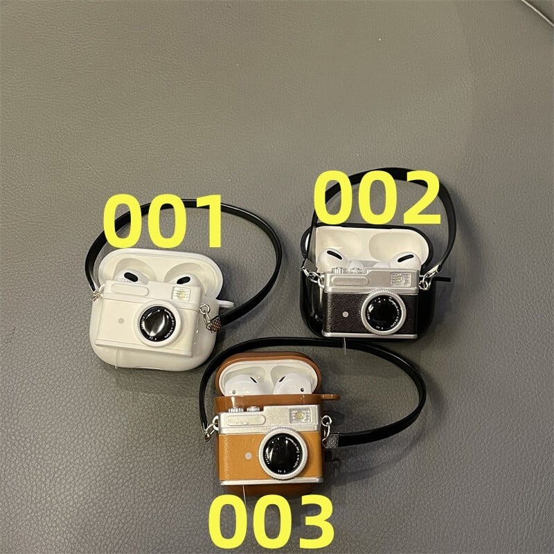 AirPods/AirPods Proケース カメラモチーフ 立体 ストラップ付き
