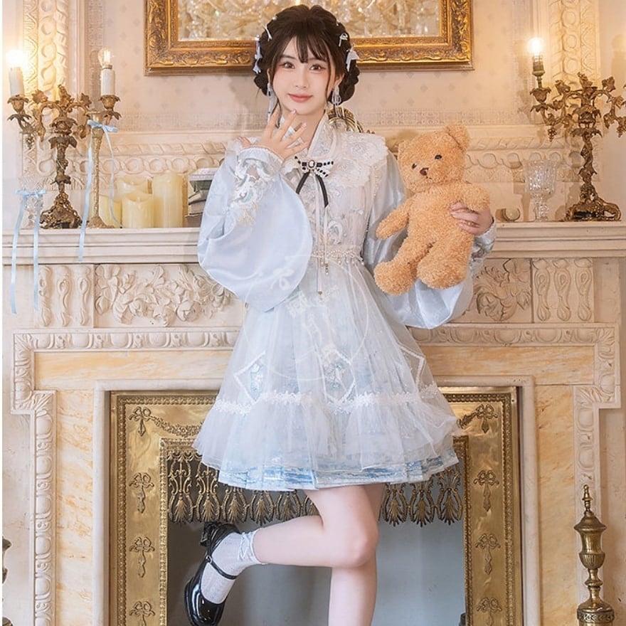 中華ロリータ｜水色刺繍漢服4点セット（白×水色）お茶会・撮影会