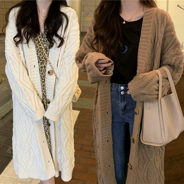 ロングカーディガン ケーブル編み ニット ツイストニット カーディガン ルーズ 長袖 大人可愛い ガーリー / Lazy Wind Twist Knit Cardigan Trend (DTC-651811052937)