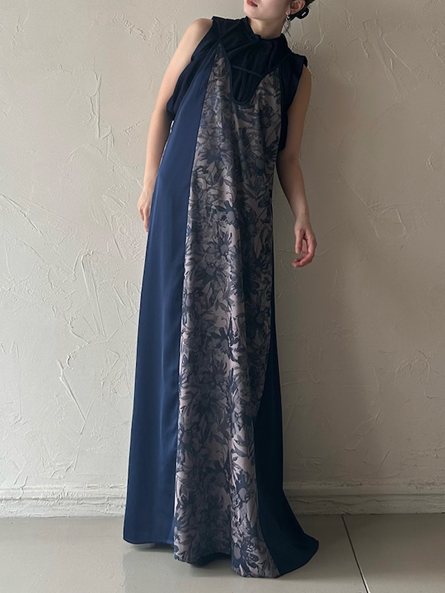 T-Strap Satin Jacquard Dress / BLUE