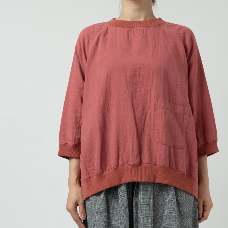 Wガーゼ リブ衿パッチポケット7分袖プルオーバーシャツ